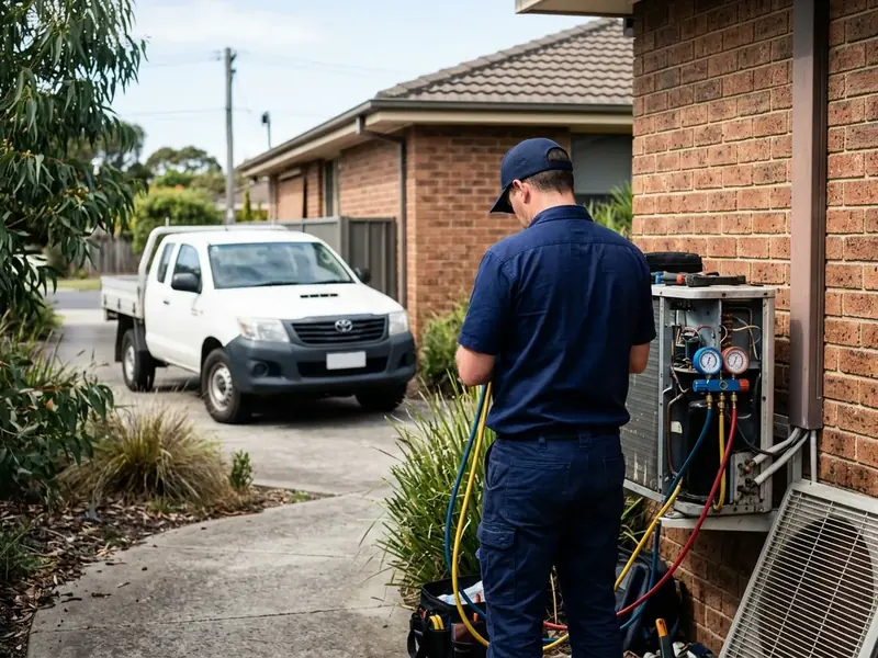 Air-conditioning technician servicing an outdoor unit at a Melbourne west home