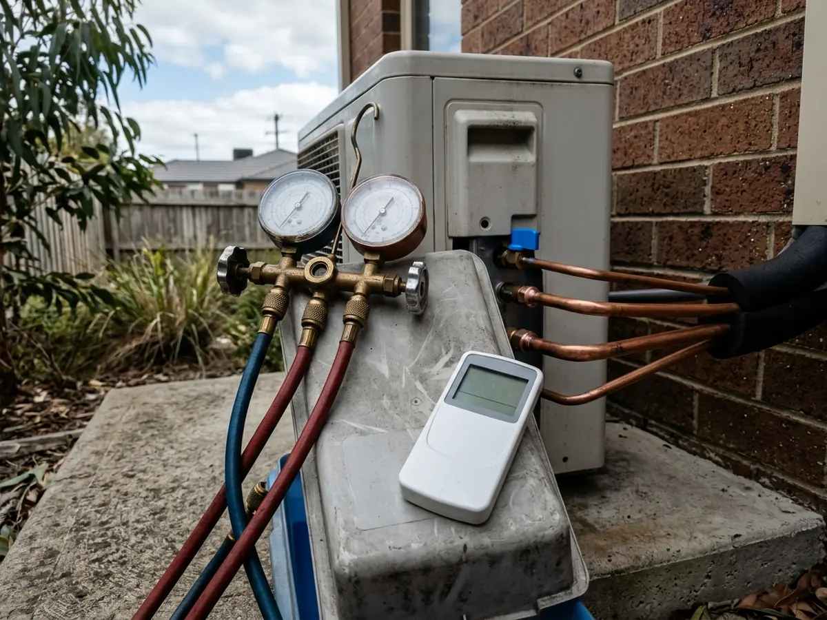 Manifold gauges, remote and copper lines at an outdoor air-conditioning unit
