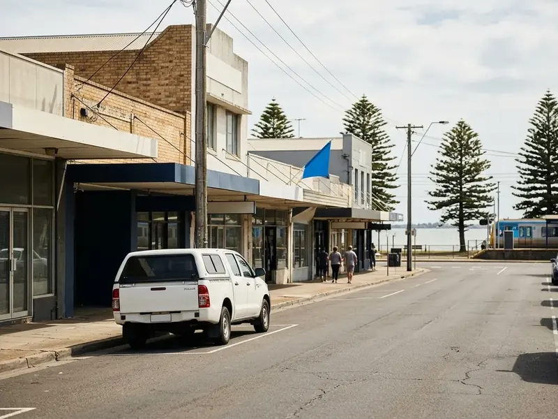 Illustration of a bayside street in Altona with the bay behind the roofs