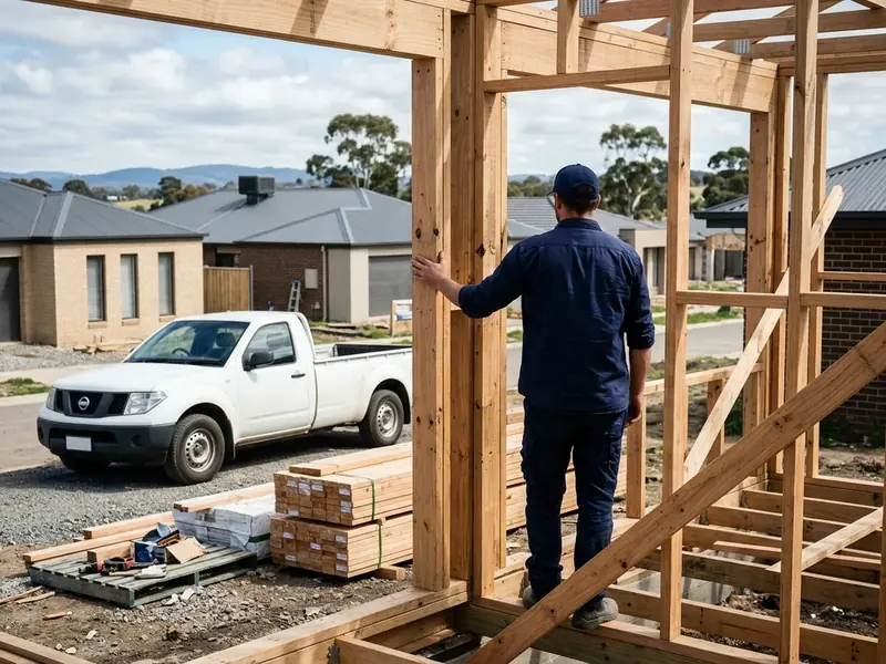 Builder at the timber frame of a new home on a Melbourne west estate