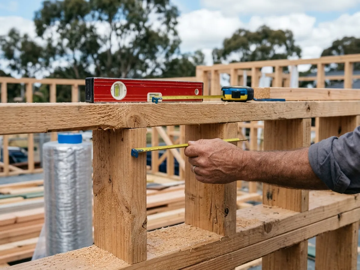 Hands measuring a timber frame with a tape measure and spirit level