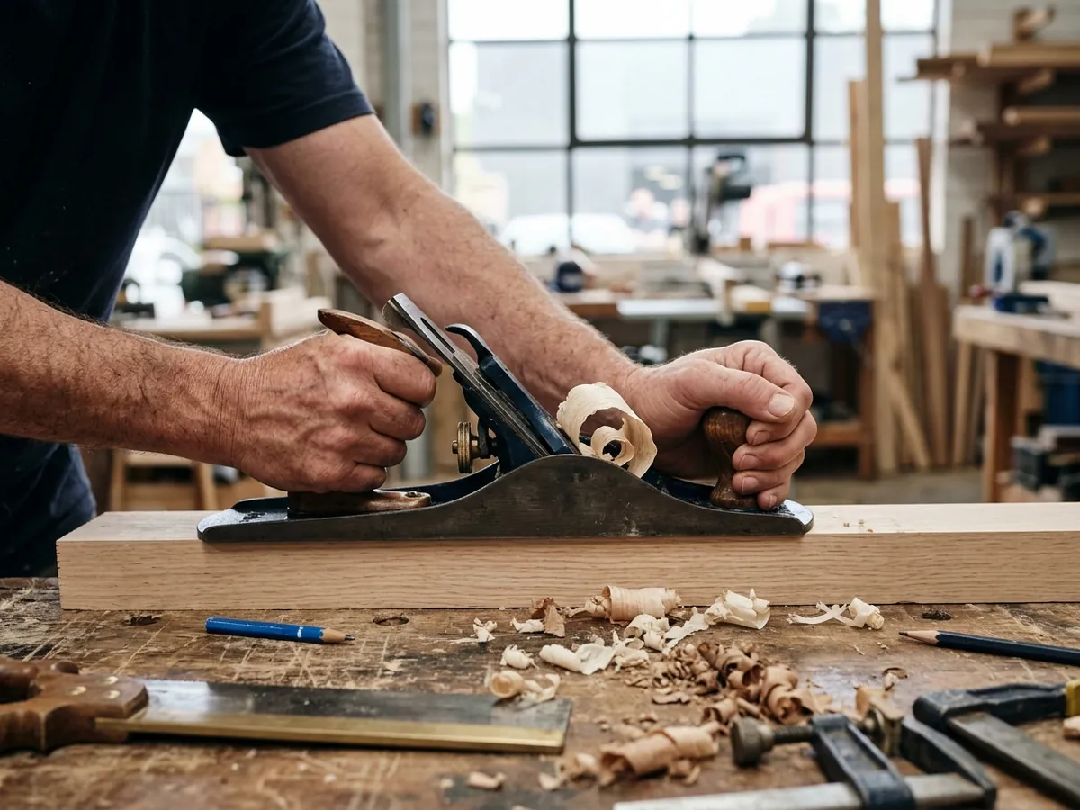 Hands planing a length of timber, with fresh shavings