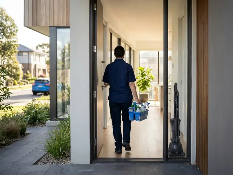 Cleaner carrying supplies into a bright modern Melbourne west home