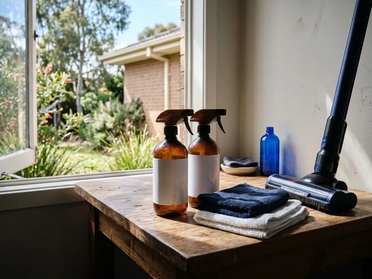 Unbranded cleaning supplies, cloths and a vacuum on a laundry bench