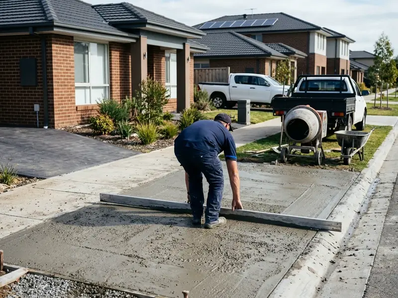 Concreter screeding a fresh driveway at a new Melbourne west home