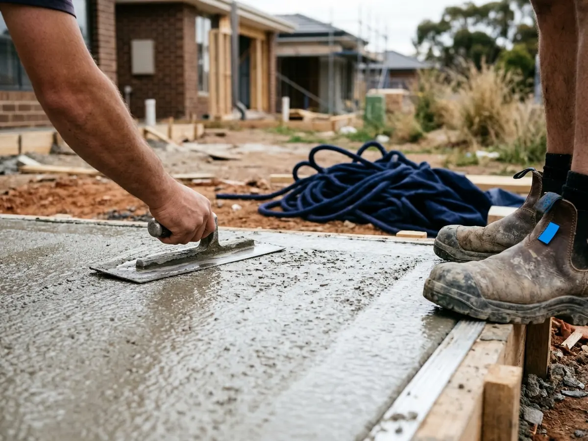 Trowel finishing the edge of wet concrete, boots at the frame edge