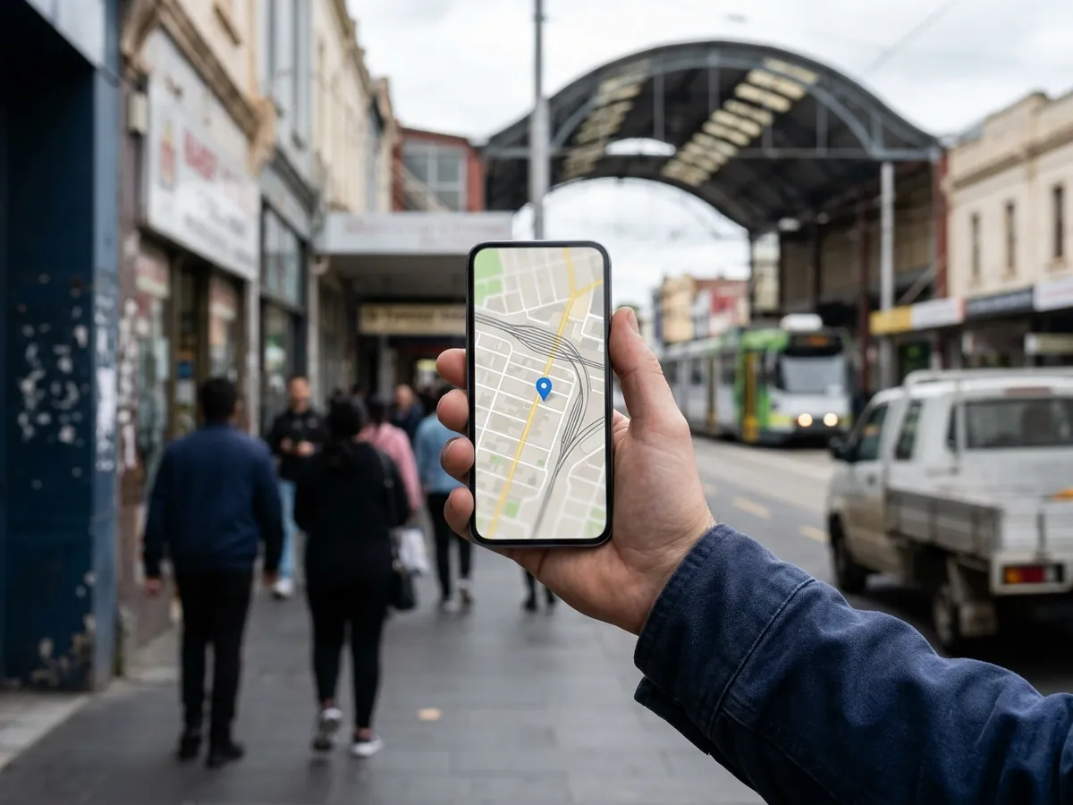 Illustration of a phone map pin on an older Footscray shopping grid