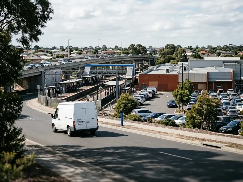 Illustration of a station and nearby commercial buildings at Hoppers Crossing