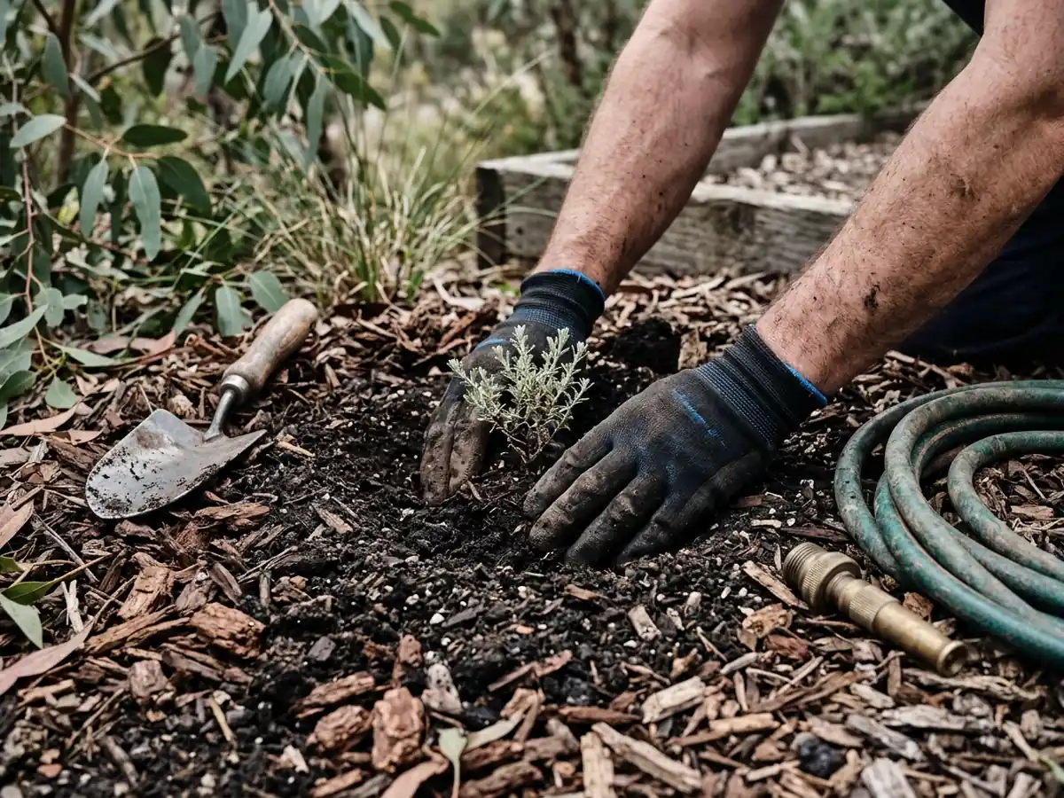 Hands planting a small native shrub in fresh mulch