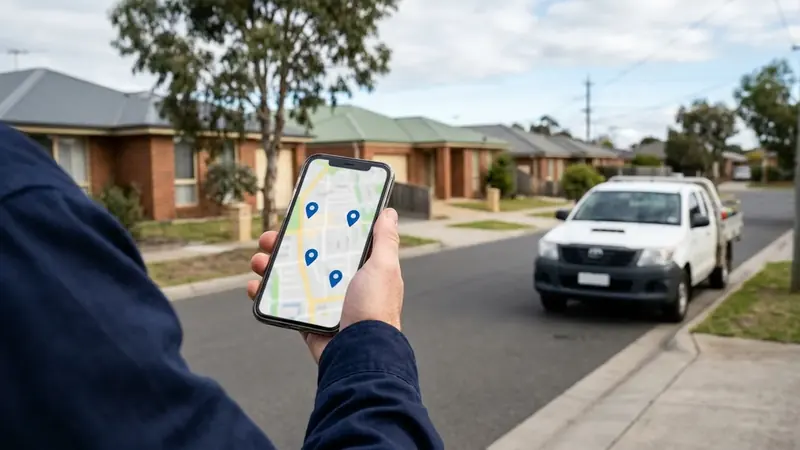 Illustration of a phone showing a local map with pins over a suburban street