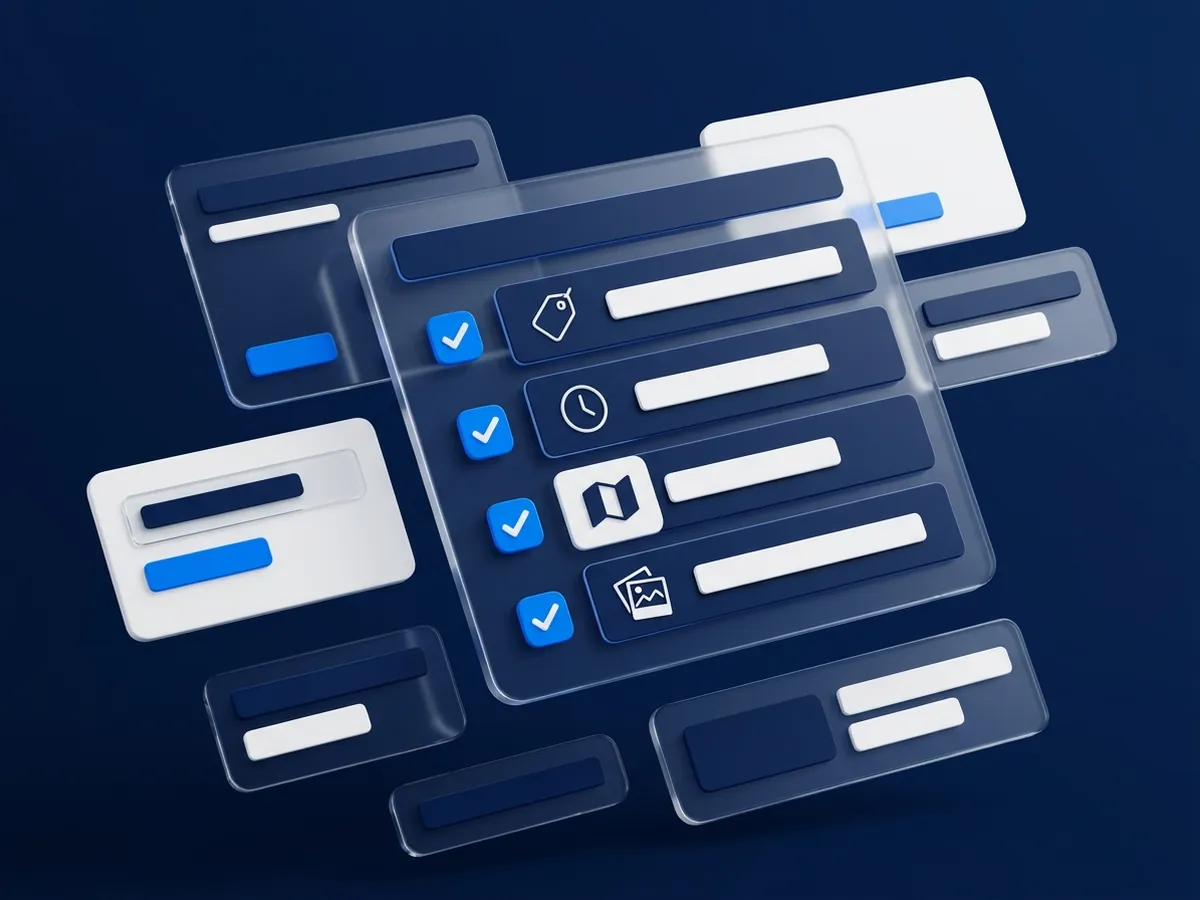 Illustration of a business listing card with checked items for categories, hours, service area and photos