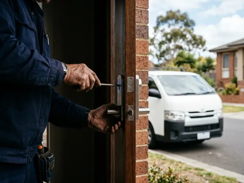 Locksmith's hands fitting a modern front door lock at a Melbourne west home