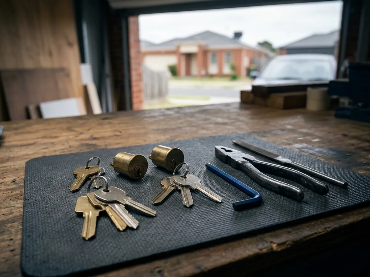 Blank keys, lock cylinders and tools laid out on a work mat