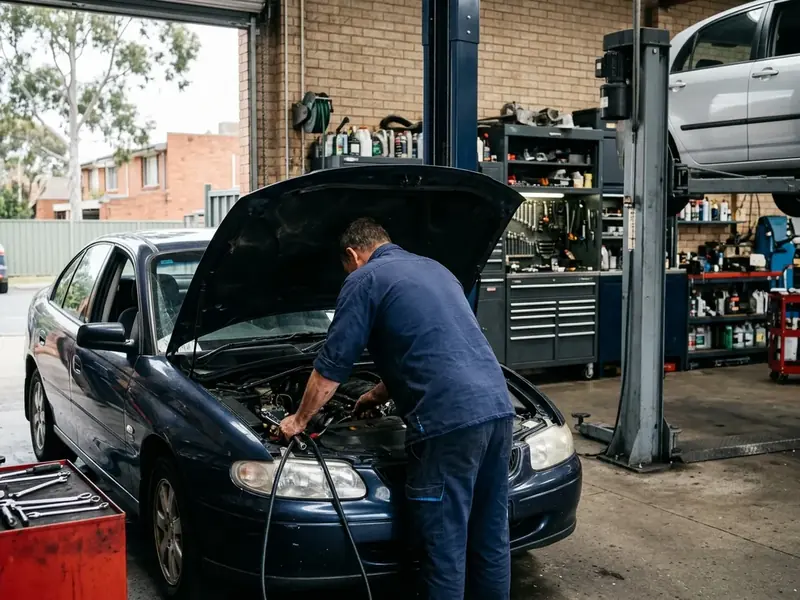 Mechanic working under an open bonnet in a tidy suburban workshop