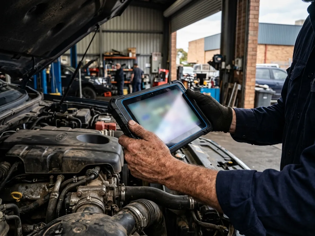 Hands holding a diagnostic tablet over an engine bay