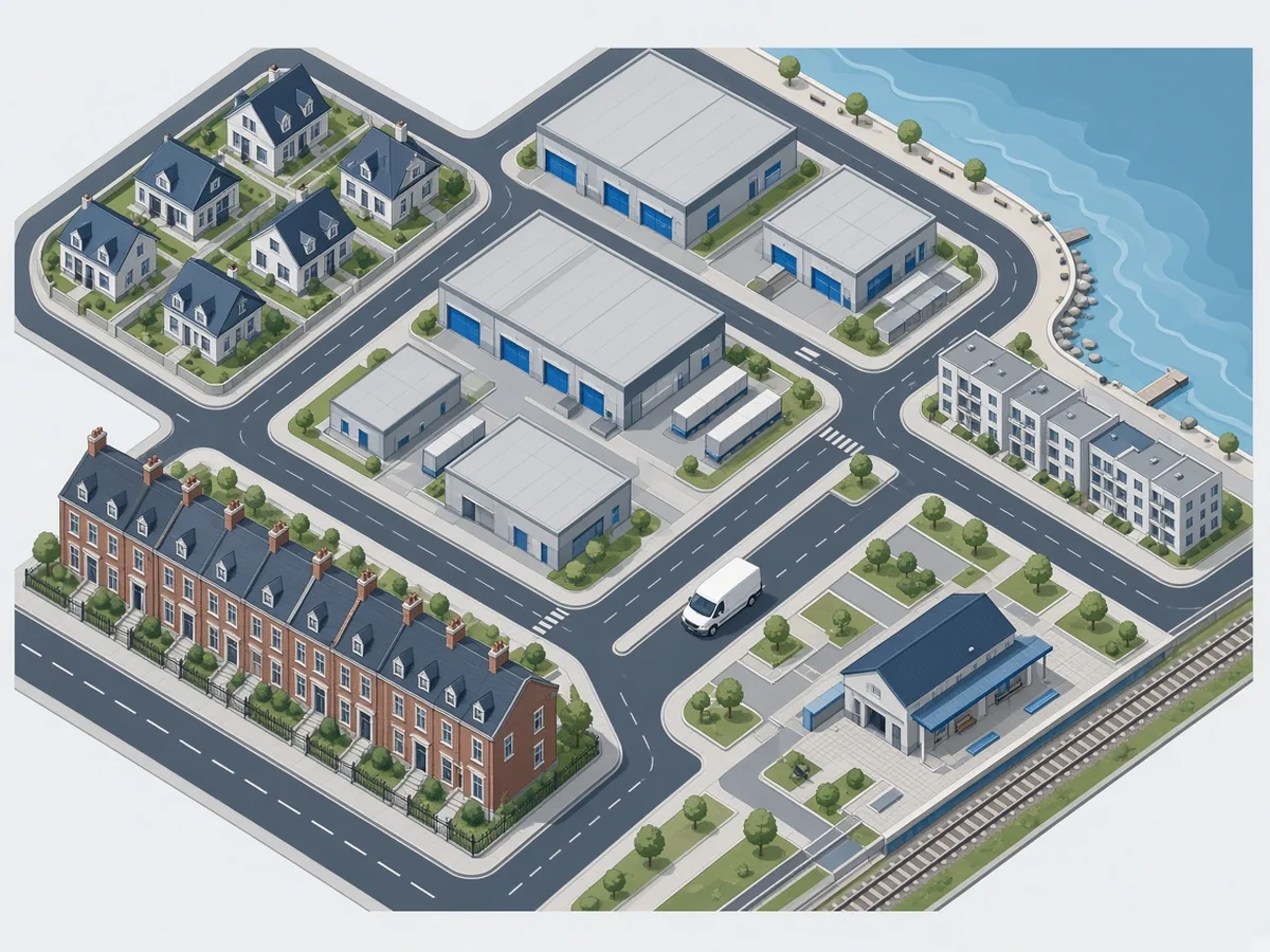 Illustration of houses and warehouses across different suburbs