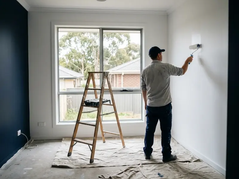 Painter rolling a wall in a bright empty room of a new home