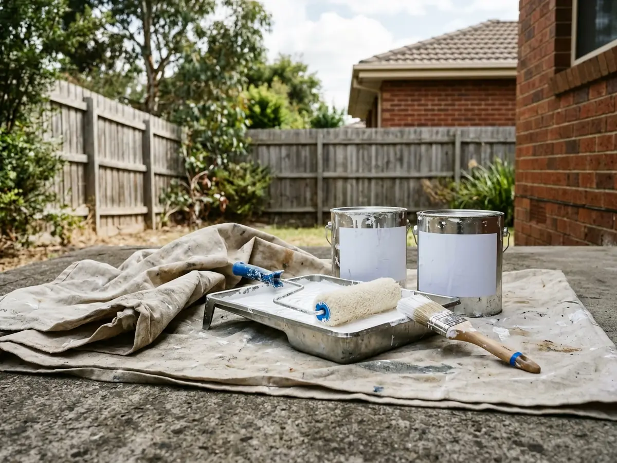 Roller, tray and unbranded paint tins on a drop sheet