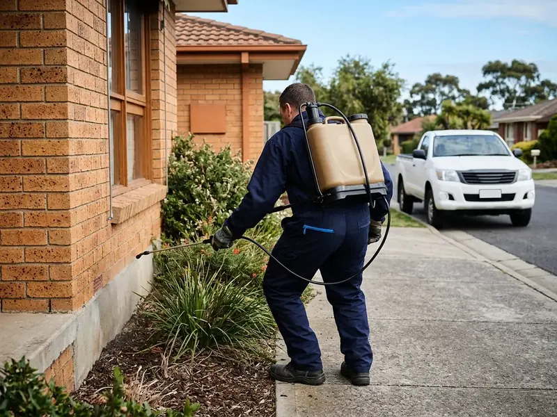 Pest control technician spraying the base of a brick Melbourne west home