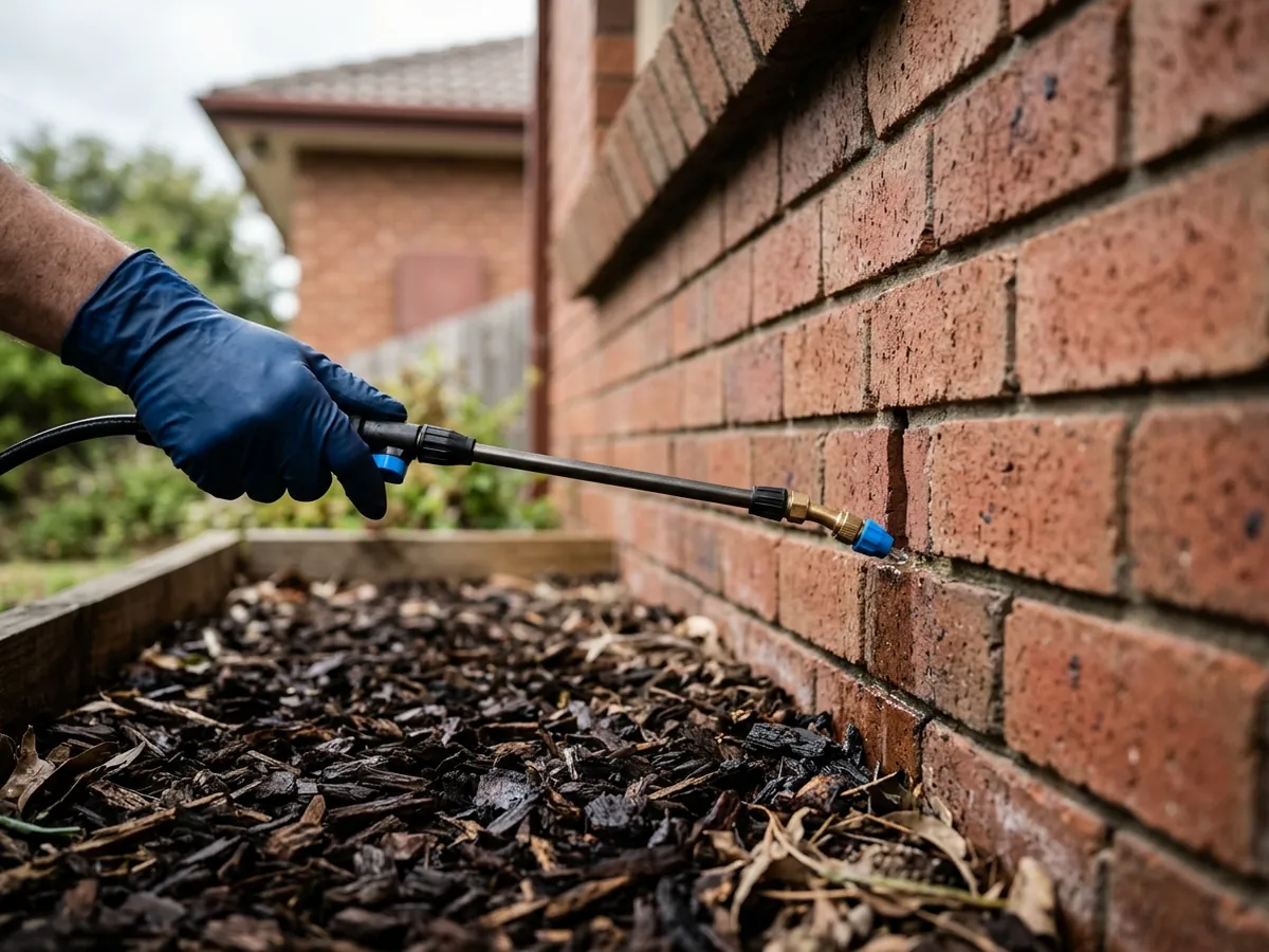 Spray wand treating the base of a brick wall at the weep holes