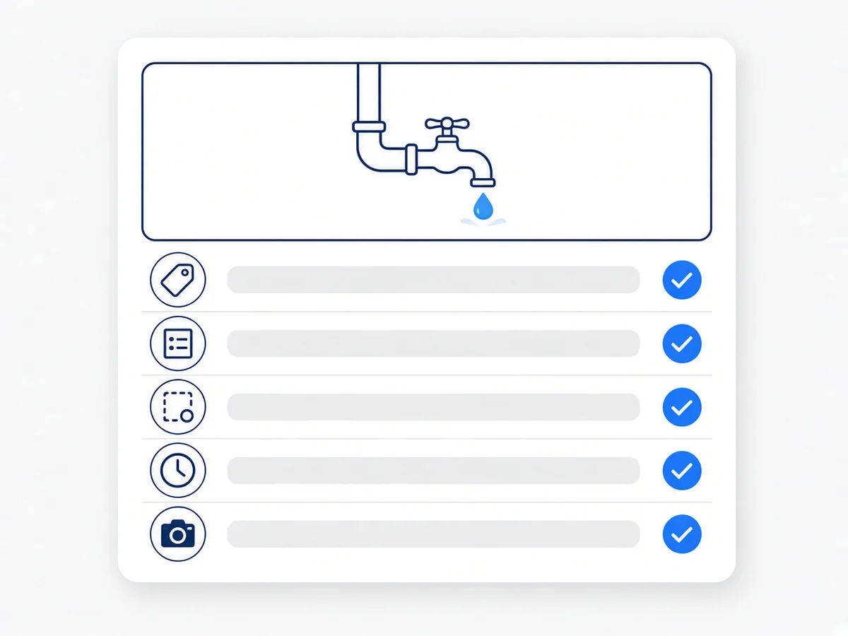 Illustration of a plumbing business listing with checked categories, services, area, hours and photos