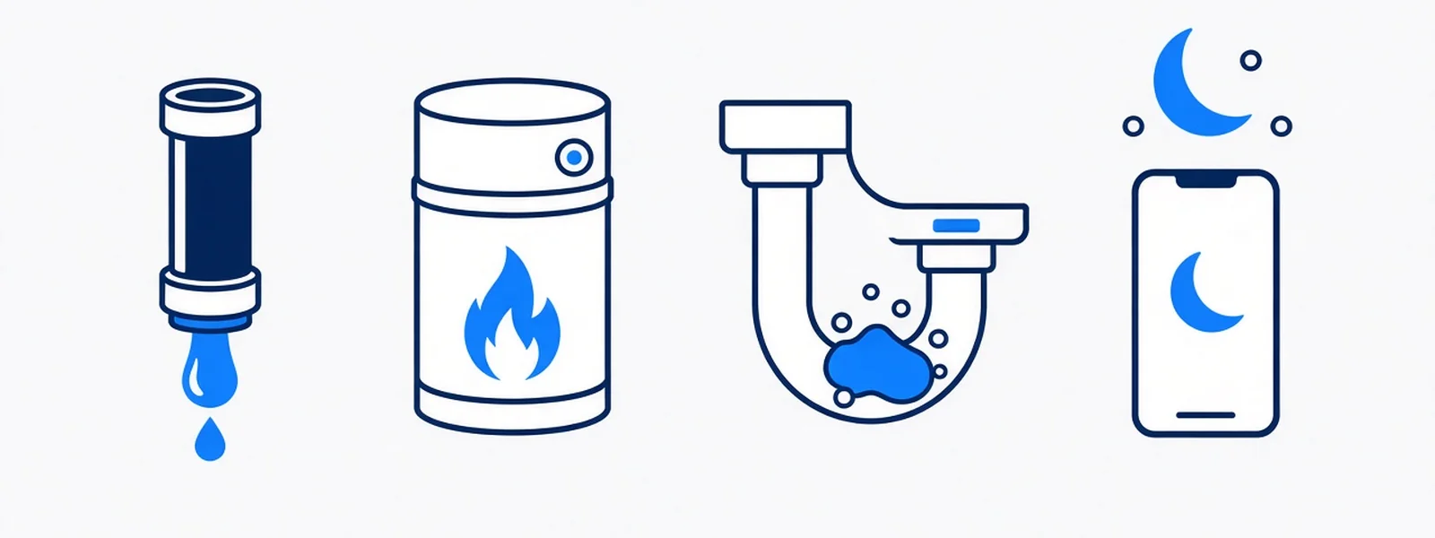 Icons for leaks, hot water, blocked drains and after-hours plumbing searches