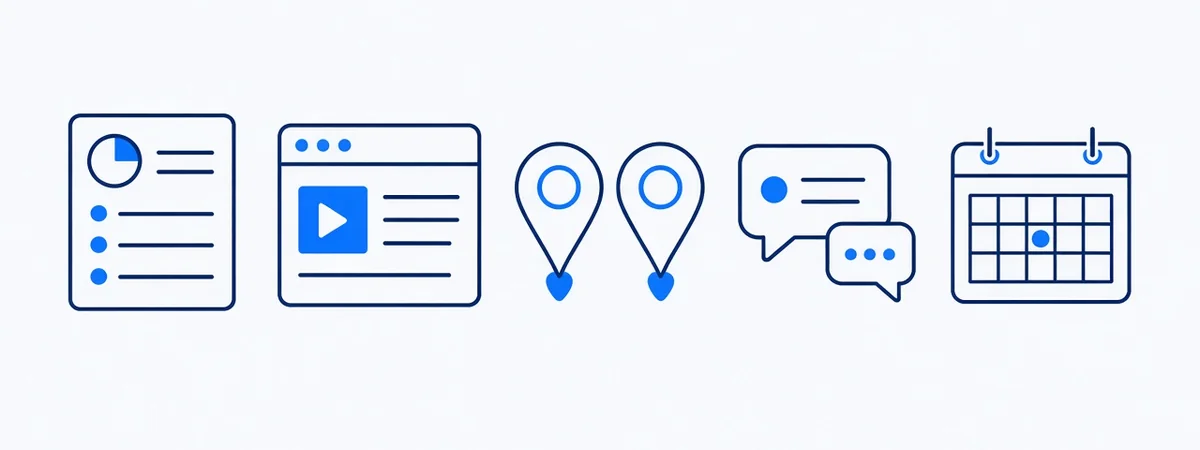Icons for listing, website, consistent details, reviews, and activity