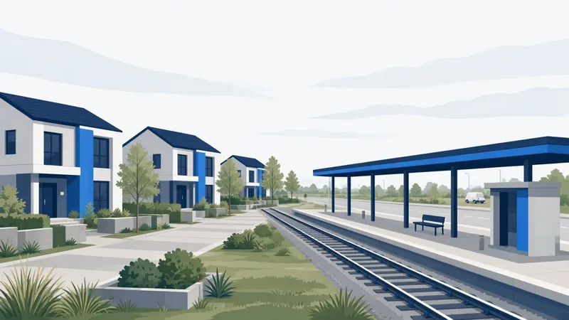 Illustration of new estate houses with a train station and a tradie van in the background